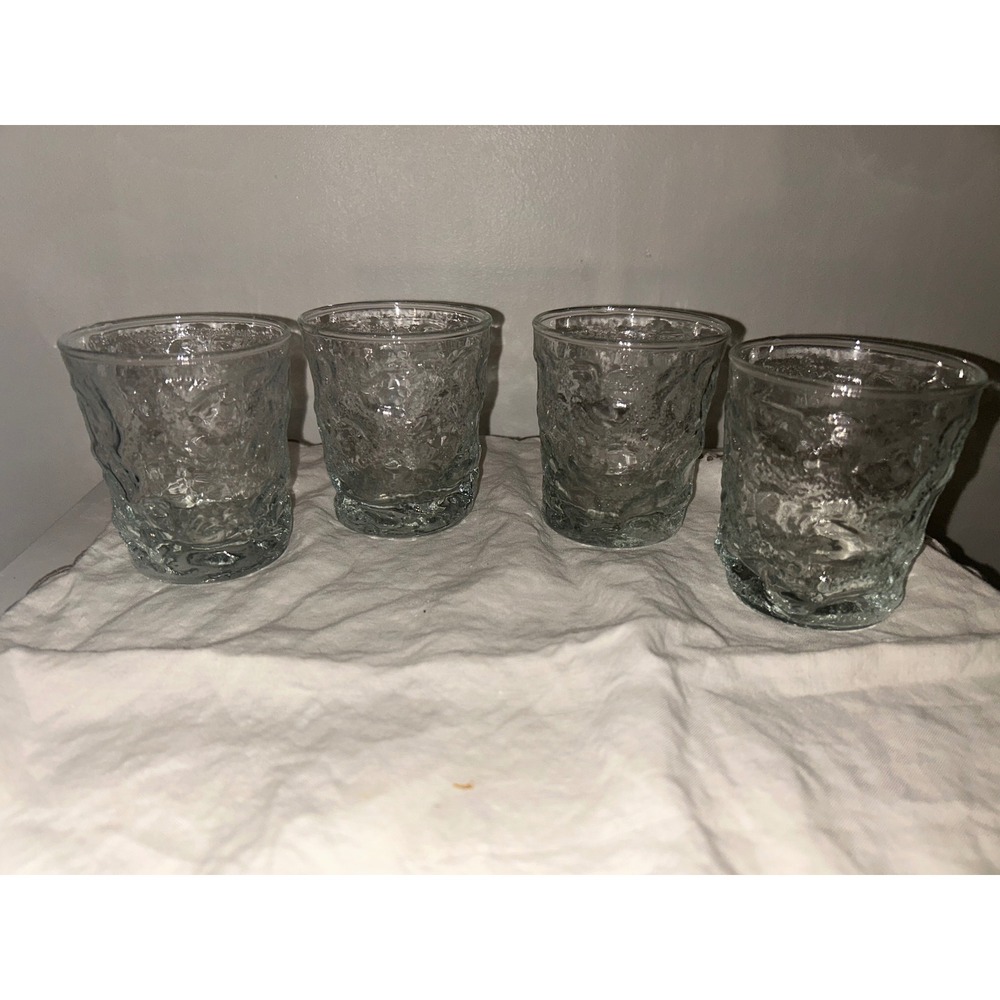 Set of 4 Textured Clear Glass Tumblers Crinkle Ice Bark Lowball Whiskey Glasses